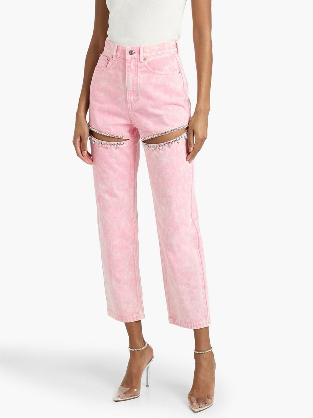 New AREA NYC Cutout Slit Crystal High Rise Straight Leg Jeans Pink Sz 31